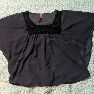 Sheer gray top with black embellished collar.